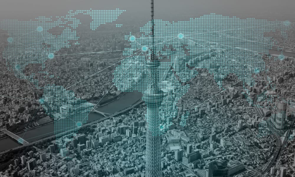 Global Trade Networks illustrated with Tokyo Skyline