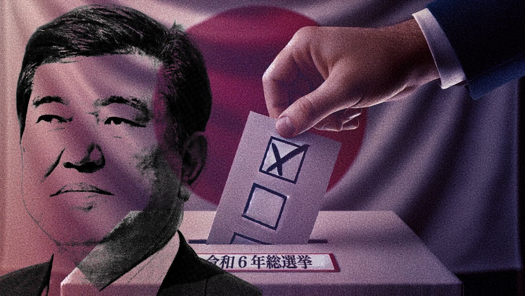 An image of a hand placing a vote in a ballot box, with Ishiba Shigeru's face superimposed.