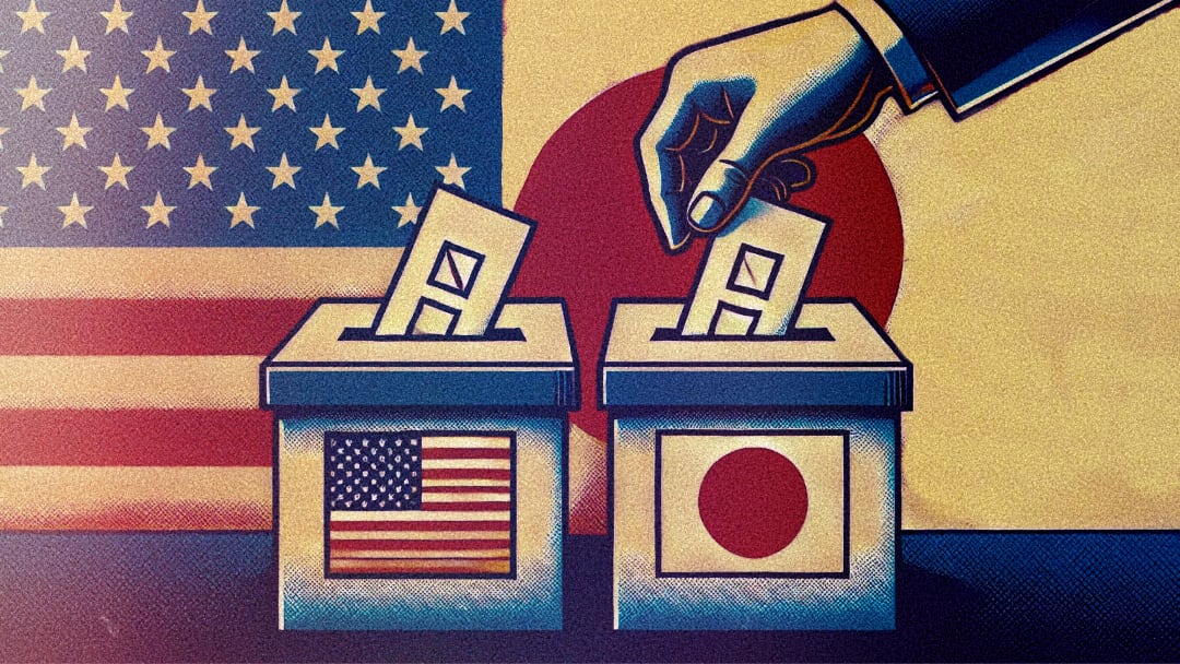 A stylised image of hands placing votes in ballot boxes, with Japanese and American flags in the background.